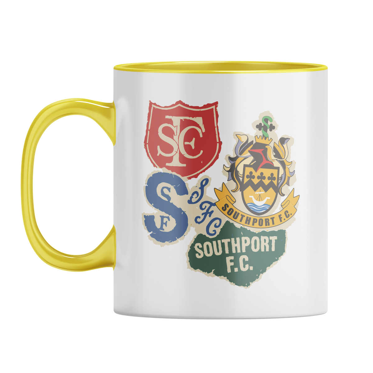 Southport FC Badge Mix-Up Mug – White with Yellow Inner & Handle