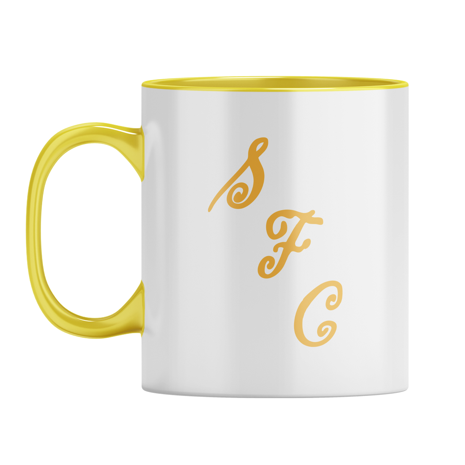 SFC Monogram 1970's Badge Script Mug – White with Yellow Inner & Handle