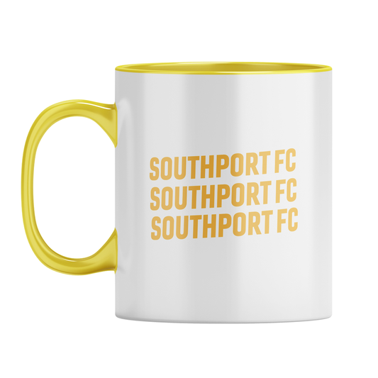 SOUTHPORT FC Repeat Text Mug – White with Yellow Inner & Handle